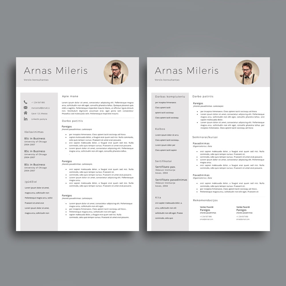 2 puslapių CV šablonas su nuotrauka, CV pavyzdys, CV forma word PDF, CV šablonai
