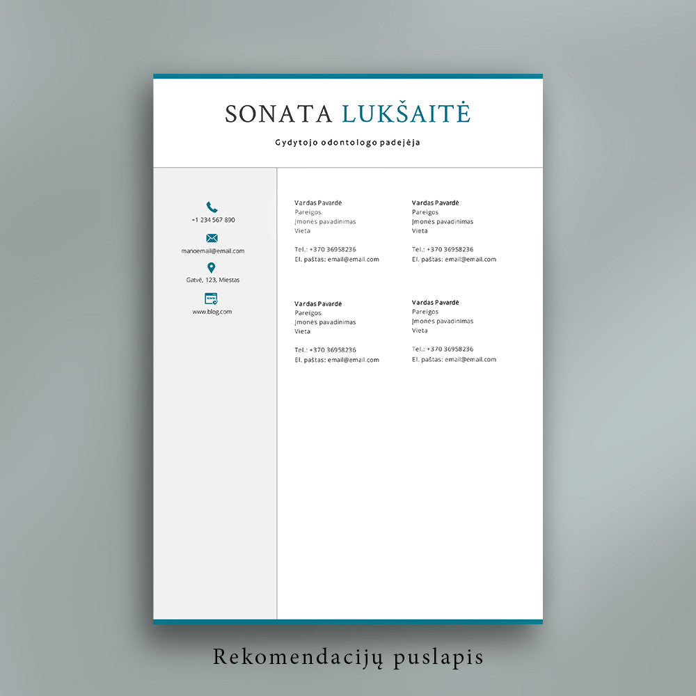 Rekomendacijų puslapio šablonas, forma, CV