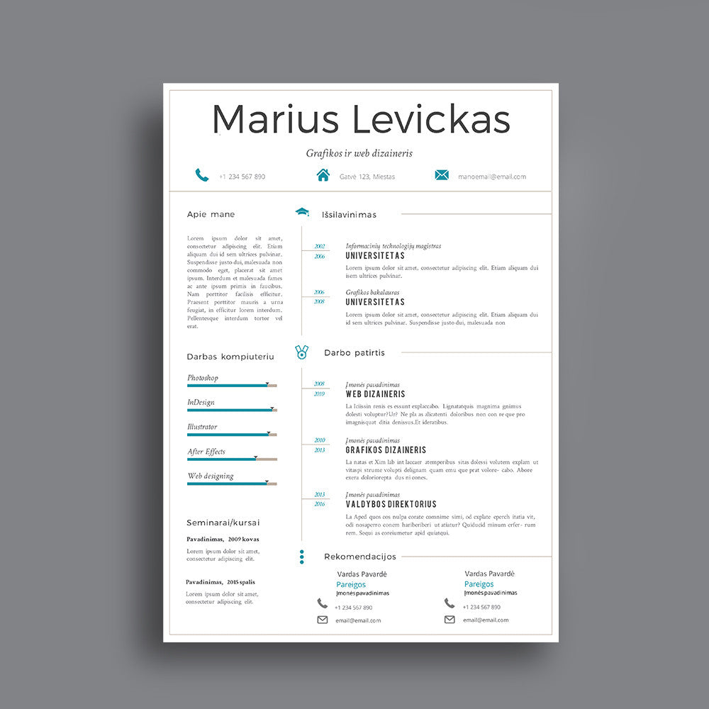 1 puslapio melsvas CV šablonas, gyvenimo aprašymo šablonas