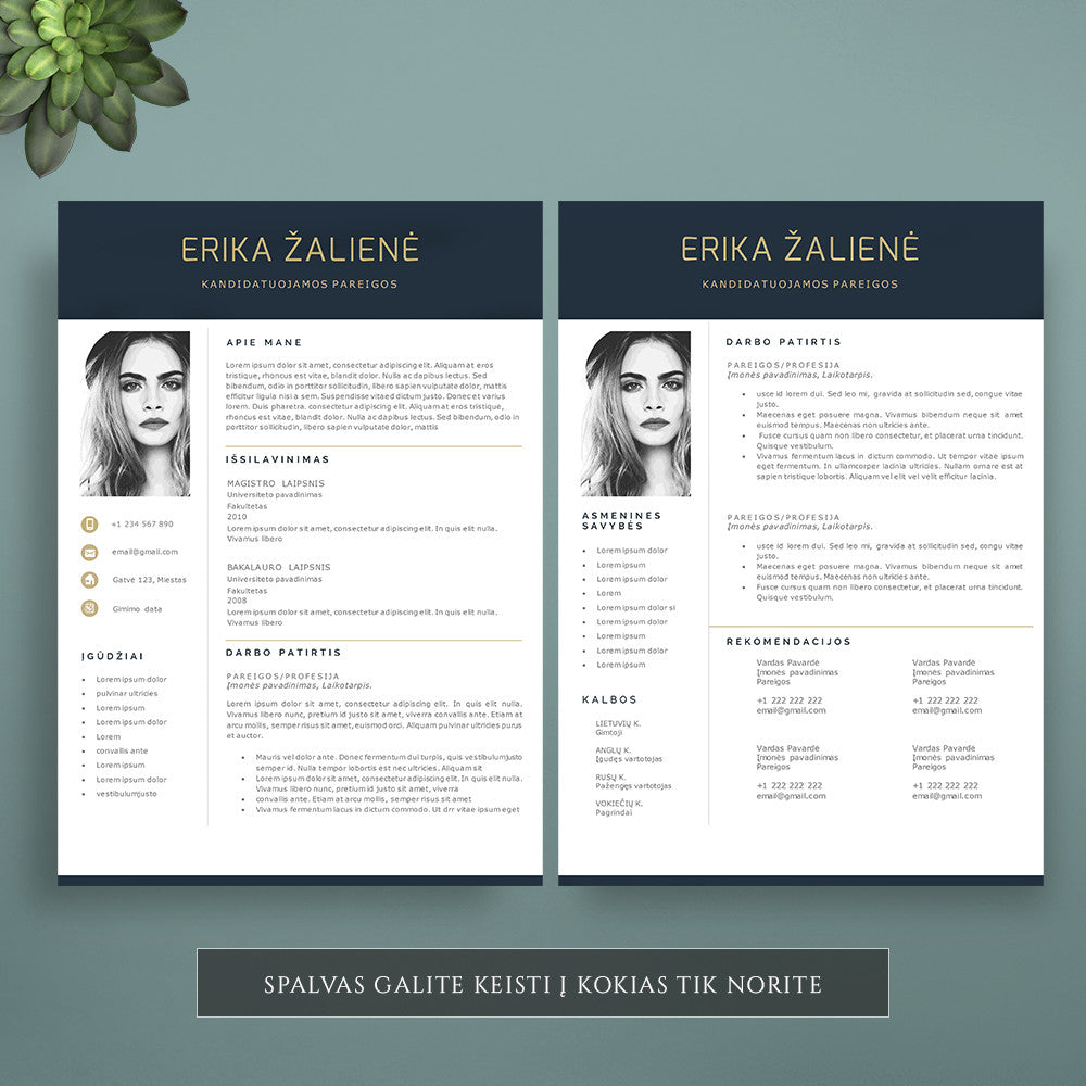 2 puslapių auksinės ir tamsiai mėlynos spalvos CV šablonas su nuotrauka, CV pavyzdys, forma word PDF, cv dizainas