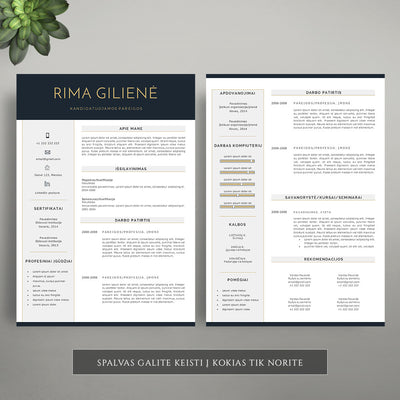 2 puslapių pilkos, auksinės ir tamsiai mėlynos spalvos CV šablonas, CV pavyzdys, forma word PDF
