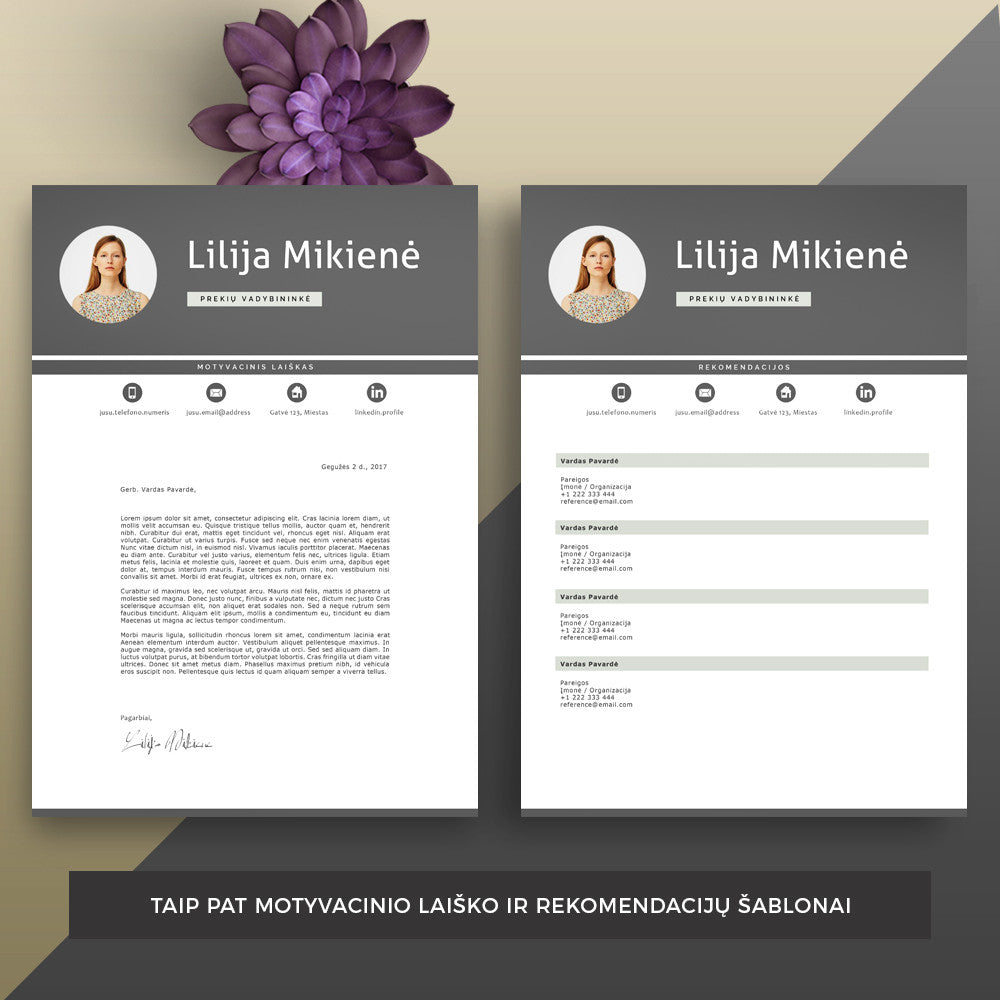 Profesionalus motyvacinis laiškas ir rekomendacijų puslapis. Daugiau šablonų - cvsablonai.lt