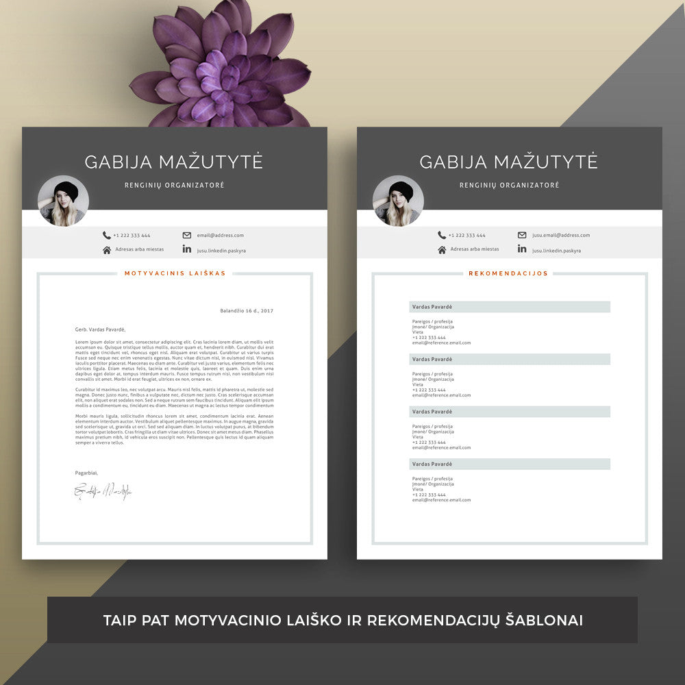 Į kainą įskaičiuoti ir motyvacinio laiško bei rekomendacijų šablonai. Akiai patrauklus dizainas.