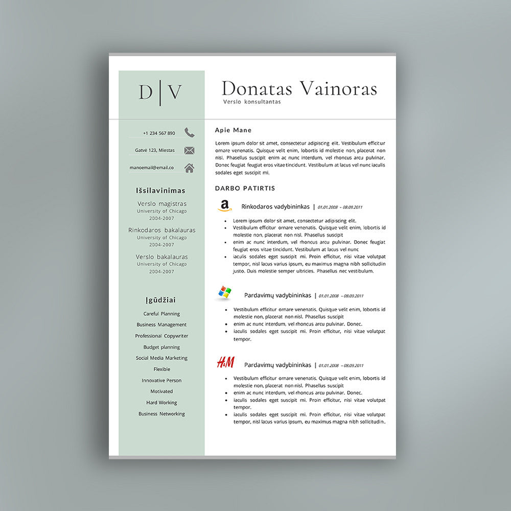 2 puslapių CV šablonas, curriculum vitae pavyzdys, CV forma word PDF