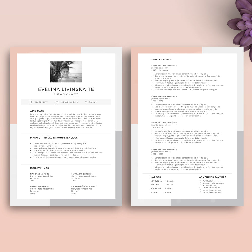 CV šablonas su nuotrauka, kuriame galite pateikti savo stiprybes ir kompetencijas pirmąjame jo puslapyje. Spalvas galite koreguoti pagal savo skonį. Daugiau CV šablonų galite peržiūrėti cvsablonai.lt svetainėje.