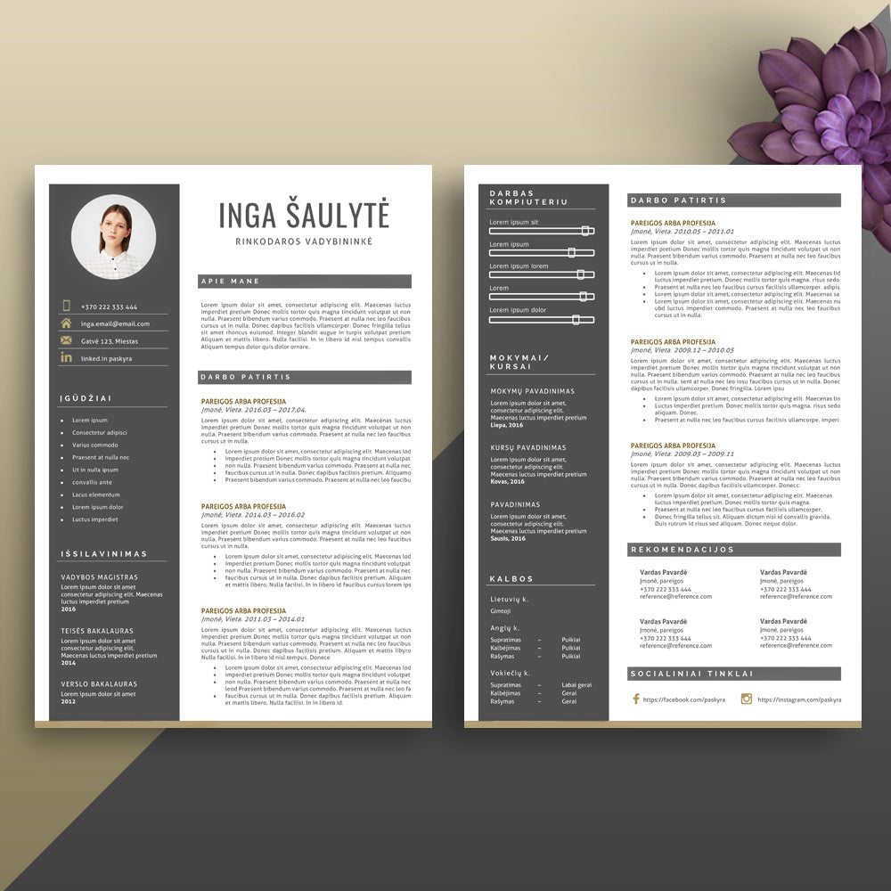 2 puslapių išskirtinio dizaino CV šablonas su nuotrauka. Tiems, kurie į darbo paiešką žiūri rimtai. Mes taip pat teikiame CV rašymo bei vertimo paslaugas - cvsablonai.lt.