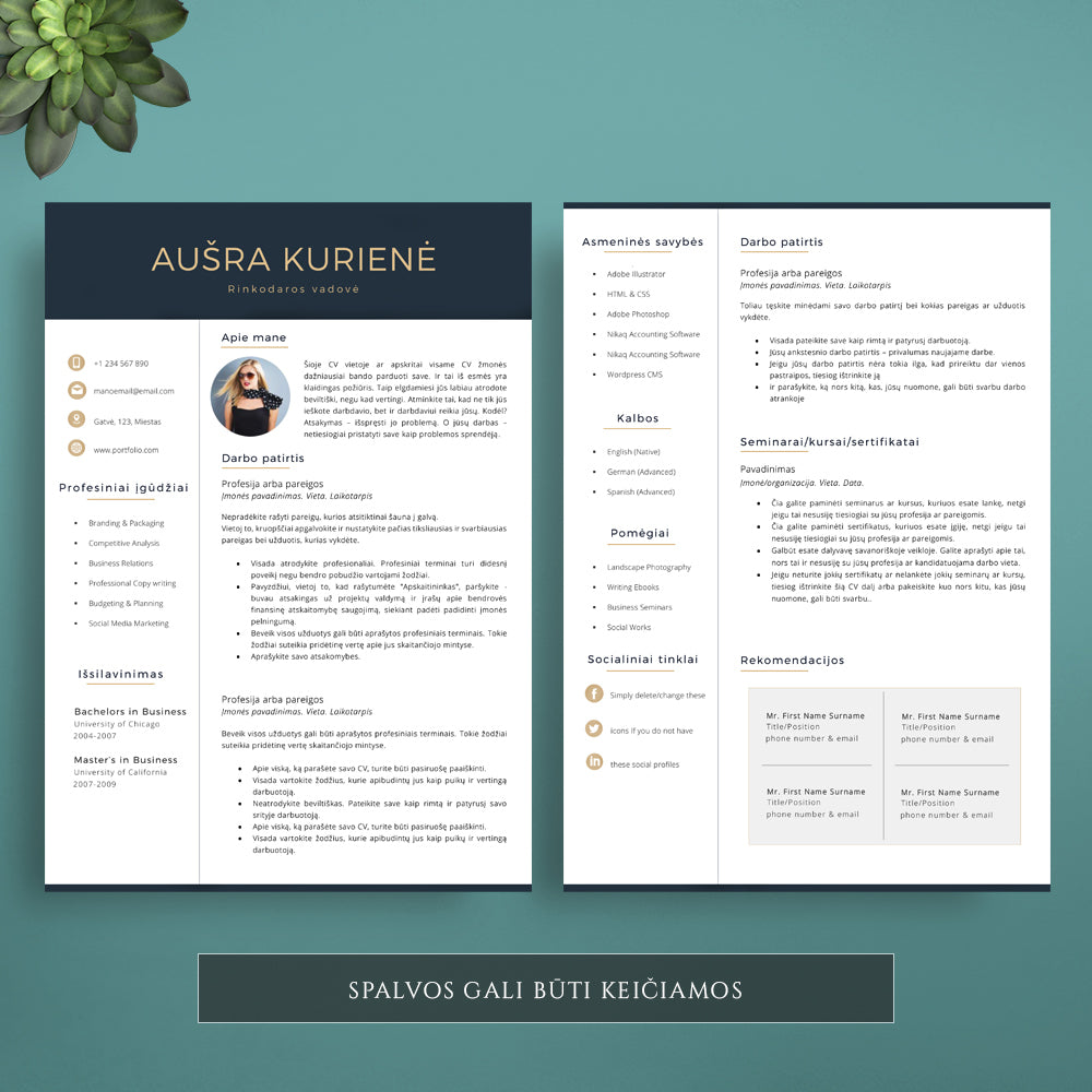 2 puslapių auksinės ir tamsiai mėlynos spalvos CV šablonas, CV pavyzdys, forma word PDF