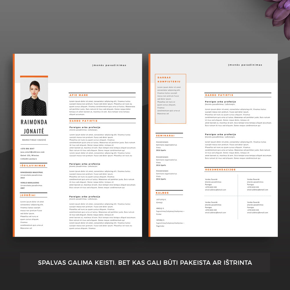 2 puslapių CV šablonas, CV forma, CV pavyzdys su nuotrauka. Spalvas galima keisti, bet ką ištrinti. Mes taip pat teikiame motyvacinio laiško, CV rašymo bei vertimo paslaugas.