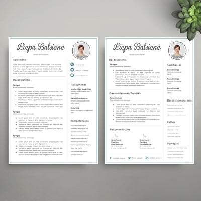 Dviejų puslapių CV šablonas, forma su nuotrauka, CV pavyzdys Word PDF