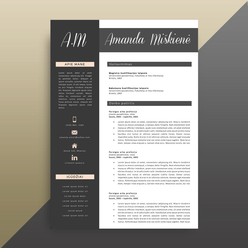 Profesionalus CV šablonas, kuris gali būti lengvai pritaikomas jūsų asmeniniam CV. Spalvos, šriftai, išdėstymas gali būti lengvai pakeisti ir pritaikyti prie jūsų poreikių.