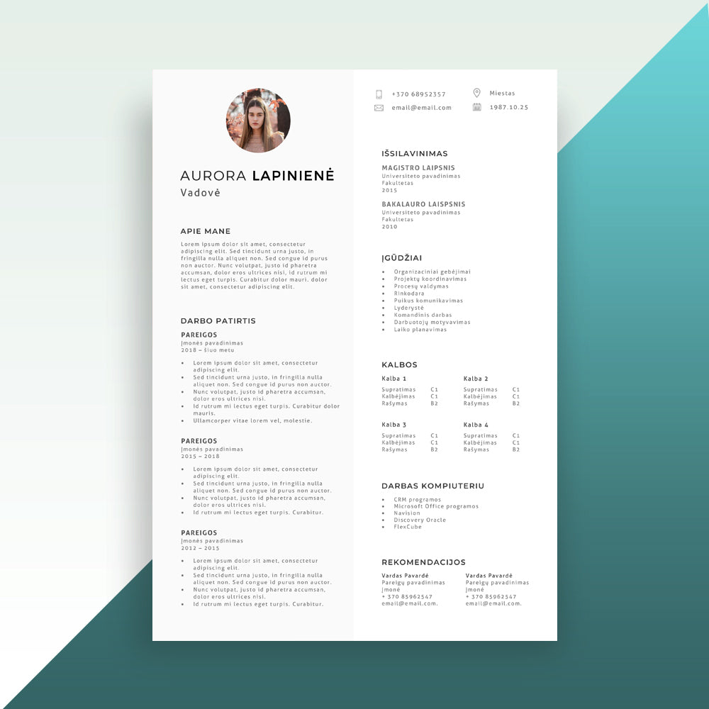 CV šablonas su apvalia nuotrauka, 1 puslapio minimalaus dizaino garantuotai išskirs jus iš kitų kandidatų. Pukus vieno puslapio CV pavyzdys sukurtas profesionalių grafikos dizainerių. Lengvai redaguojamas MS Word programoje, tinkamas redagavimui Windows ir Mac OS.