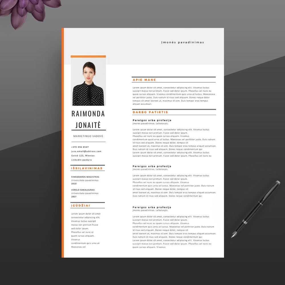 Profesionalus gyvenimo aprašymo šablonas su nuotrauka. 2 puslapių CV, motyvacinis laiškas ir rekomendacijos. Visus šiuos šablonus gali lengvai redaguoti su MS Word.