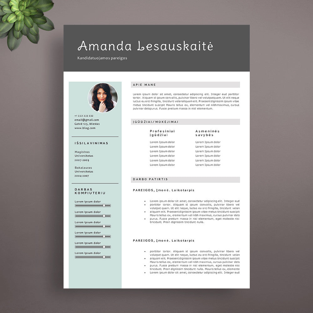Išskirtinio dizaino CV šablonas su nuotrauka, 2 puslapiu cv sablonai Word