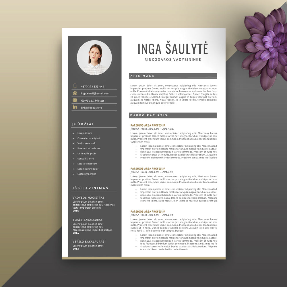 Švaraus dizaino CV šablonas, forma, lengvai redaguojamas su Word programa.