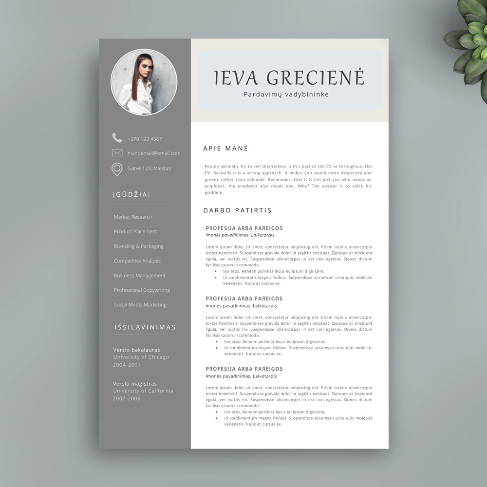 2 puslapių CV šablonas su nuotrauka, curriculum vitae pavyzdys, forma word PDF