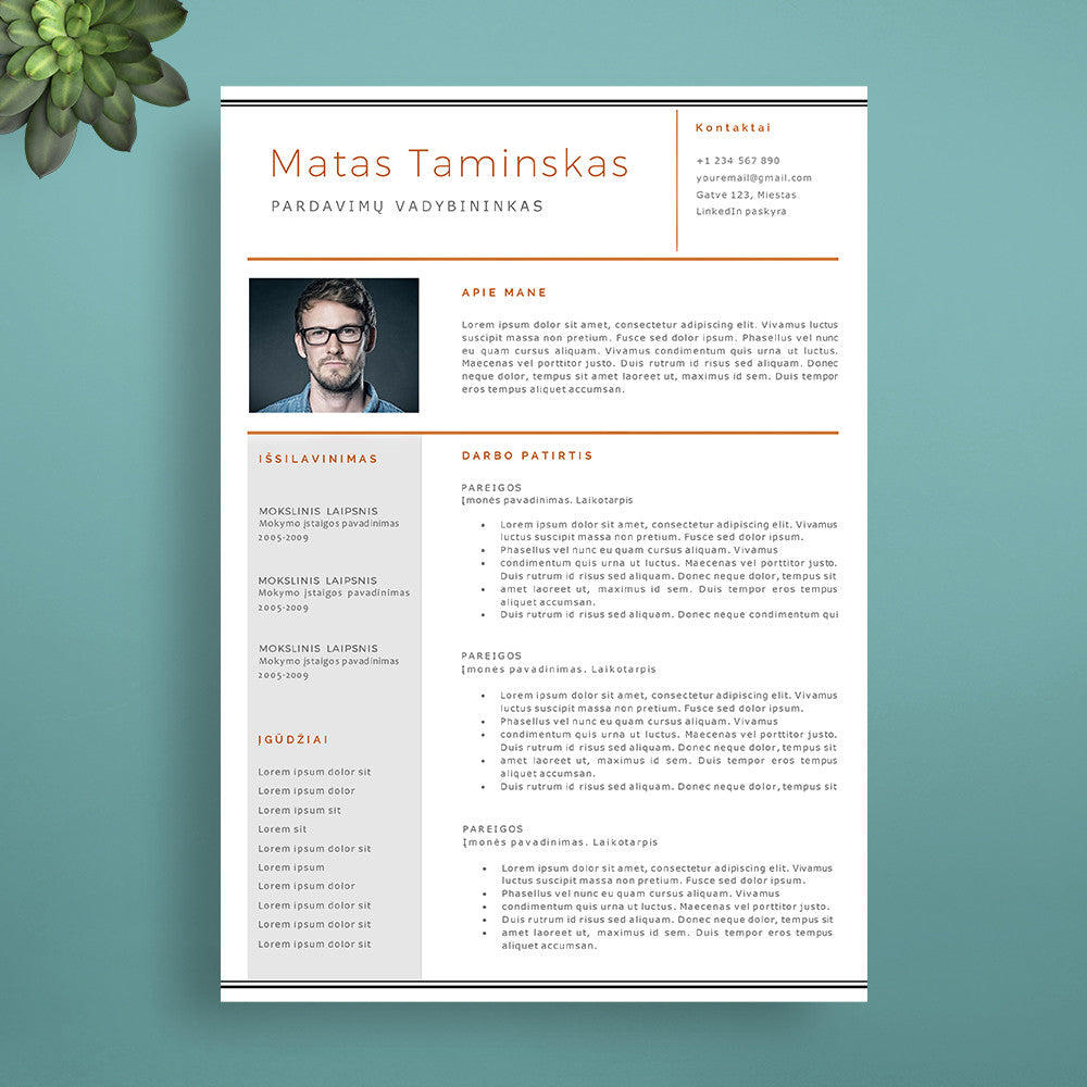 2 puslapių CV šablonas, CV, motyvacinio laiško ir rekomendacijų puslapio šablonai su nuotrauka .doc ir .docx formatu