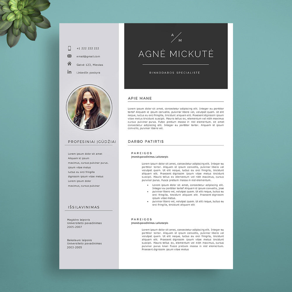 2 puslapių CV šablonas, CV, motyvacinio laiško ir rekomendacijų puslapio šablonai su nuotrauka. Word, PDF formatu