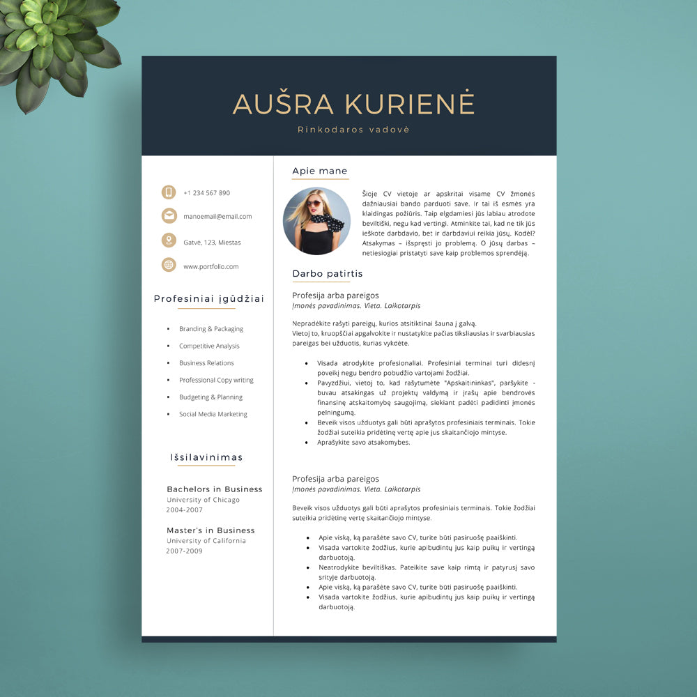 Auksinės ir tamsiai mėlynos spalvos CV šablonas, CV pavyzdys, forma word PDF