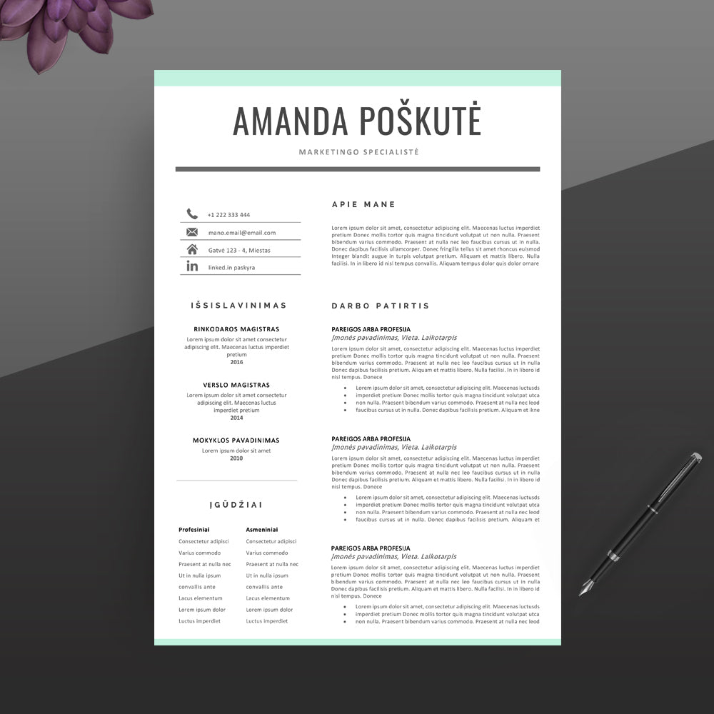 Elegantiškas, paparastas ir švarus CV šablonas.