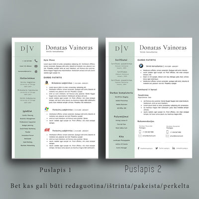 2 puslapių žalsvos spalvos CV šablonas, curriculum vitae pavyzdys, forma word PDF