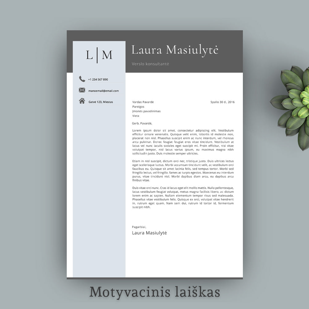 Pilkos bei melsvos spalvos motyvacinio laiško šablonas, forma, pavyzdys