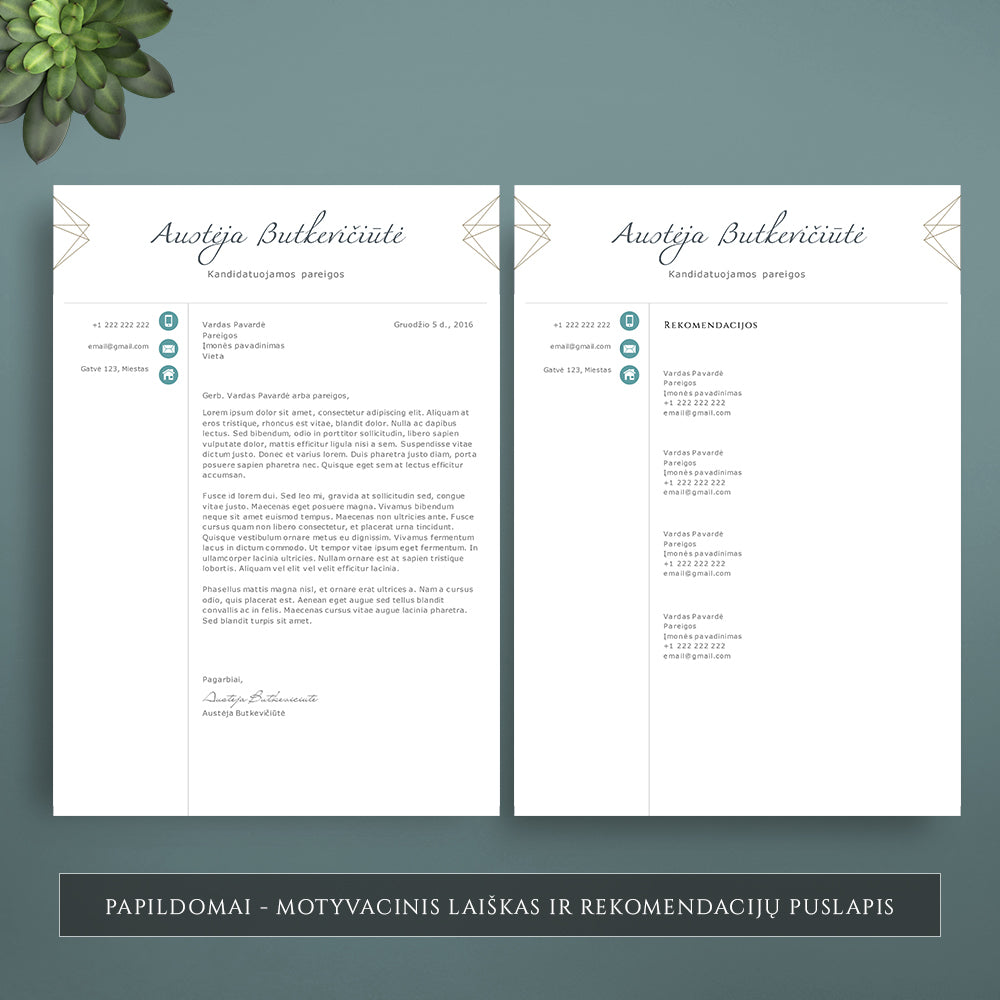Motyvacinio laiško šablonas ir rekomendacijų puslapis.