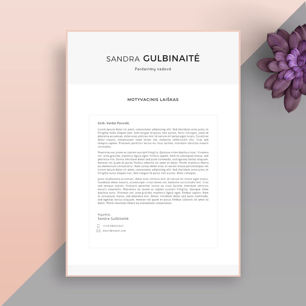 Motyvacinis laiškas, priderintas prie CV dizaino.