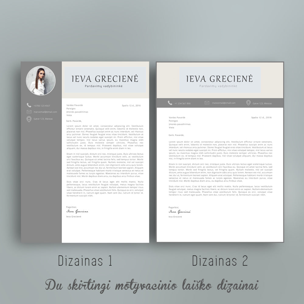 2 skirtingi motyvacinio laiško šablono dizainai, motyvacinio laiško pavyzdys