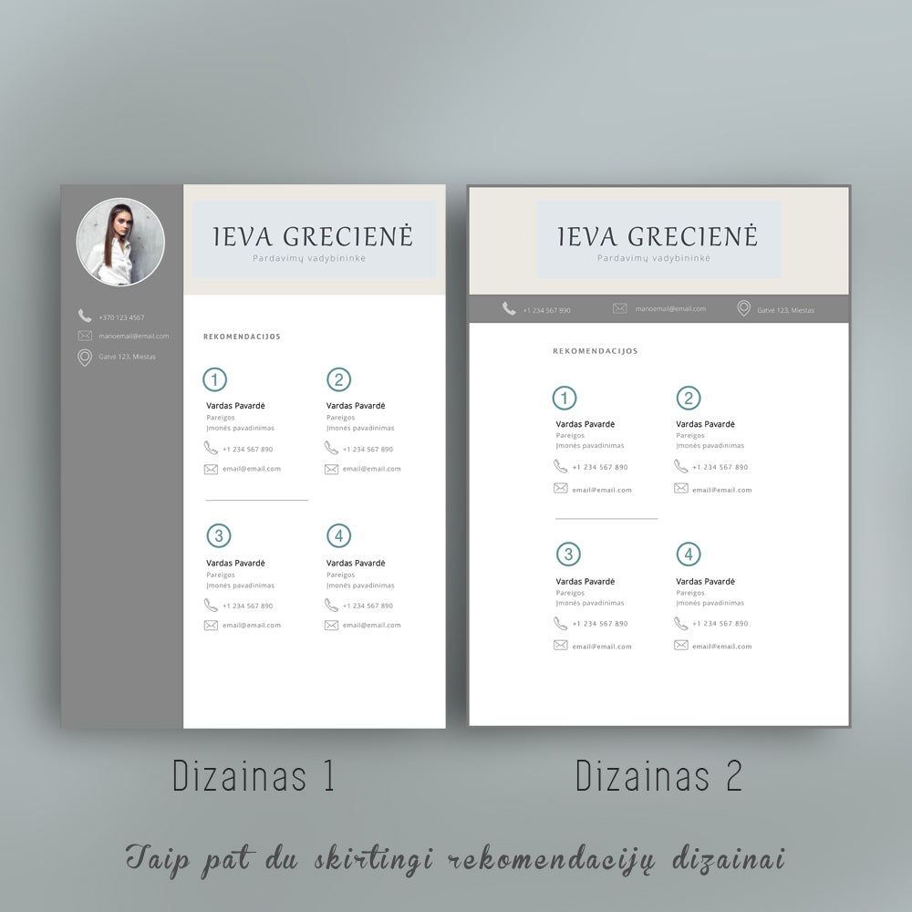 2 skirtingi rekomendacijų puslapio dizainai, su ir be nuotraukos